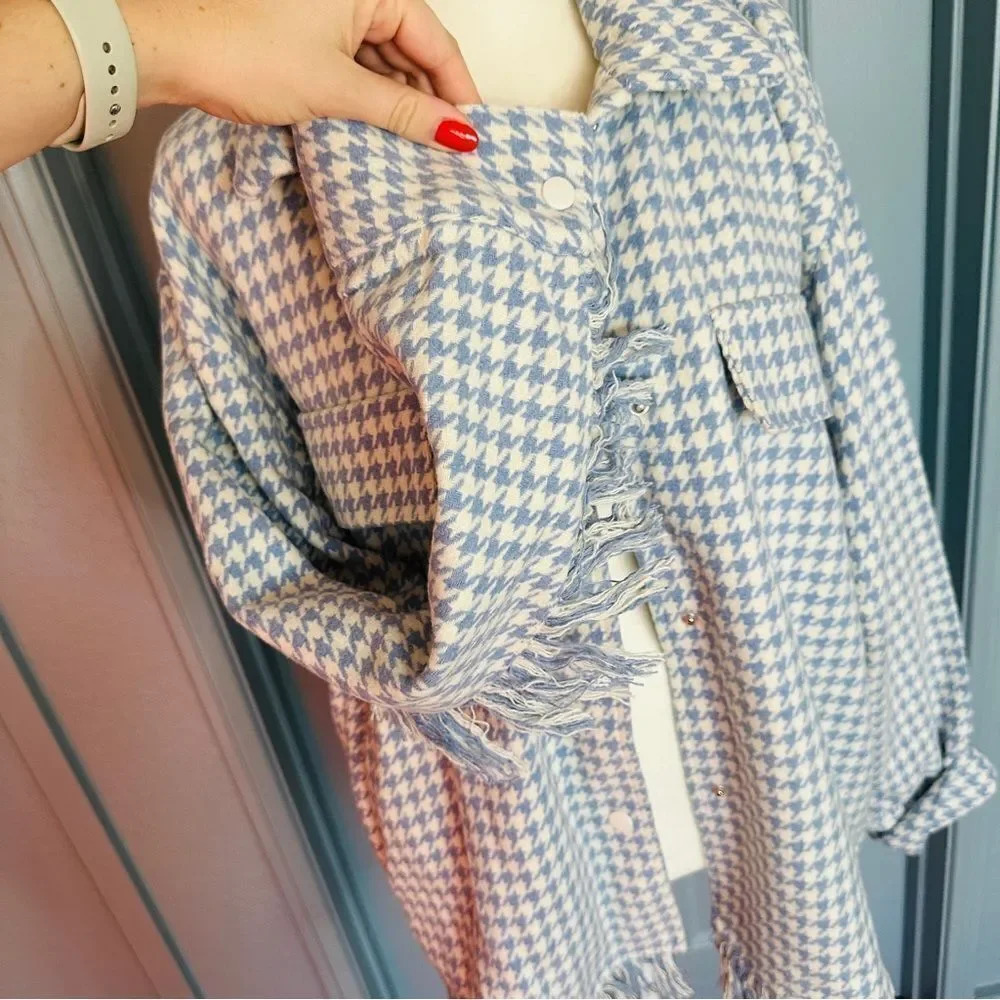 Shero Houndstooth Tassel Trim Blue and White Fringe Shacket Jacket - Picture 6 of 13